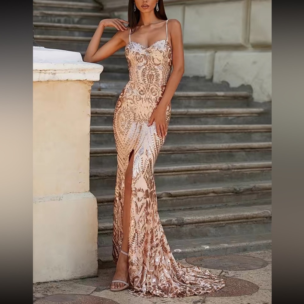 Luxe golden champagne slit thigh party formal prom wedding gown sequins dress - Picture 7 of 7